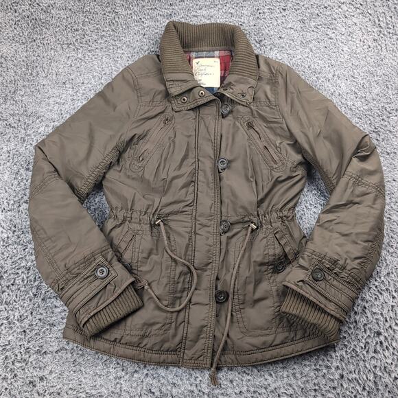 American Eagle Jacket Women Small Brown Parka Outdoor Zip Pockets Casual Warm - Picture 1 of 7